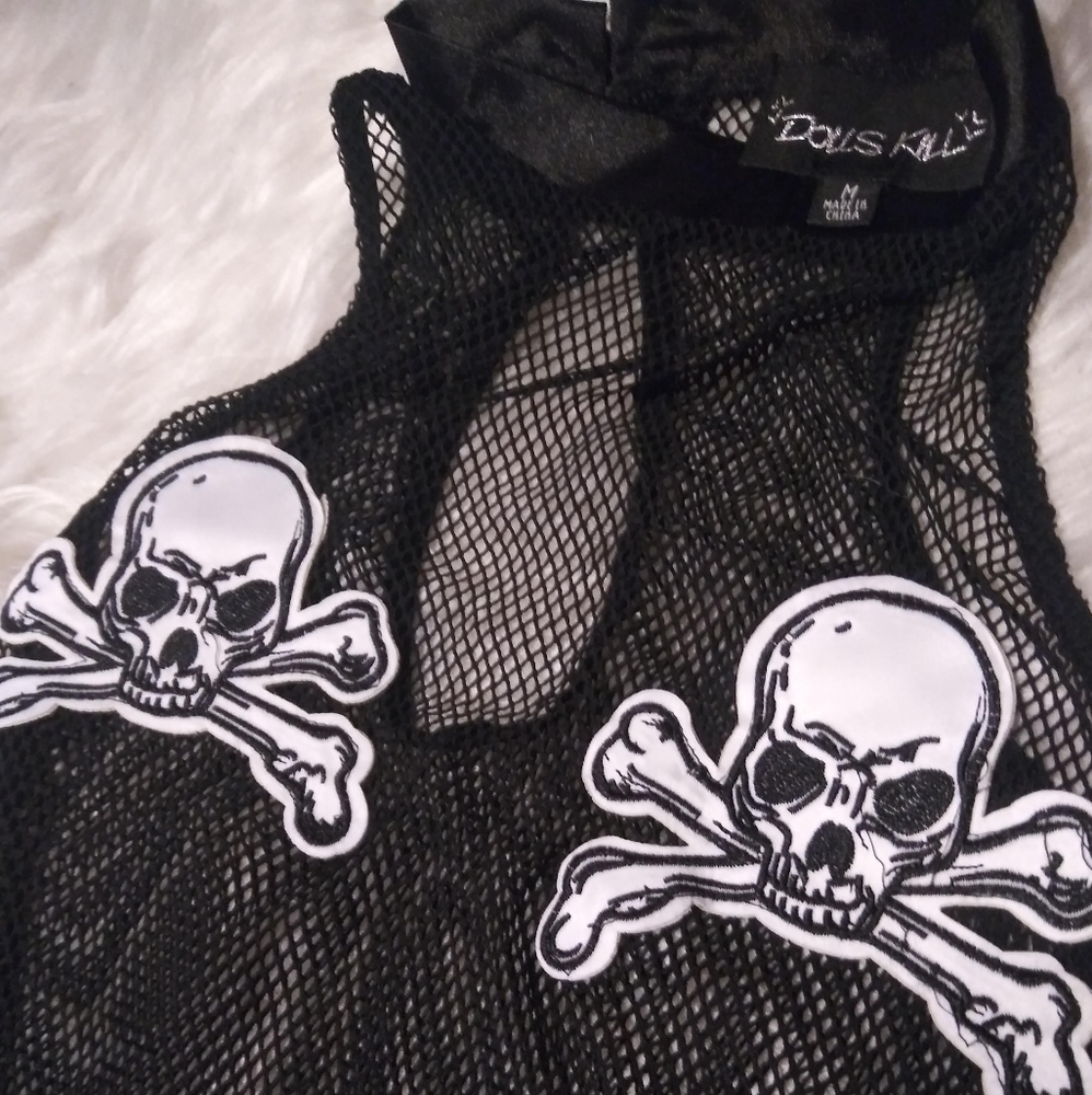 Dolls Kill Skull and Crossbones fishnet onesie